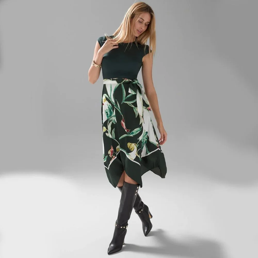 WHBM $180 NWT Satin & Scuba Midi Dress Dark Green Floral Handkerchief Hem 12